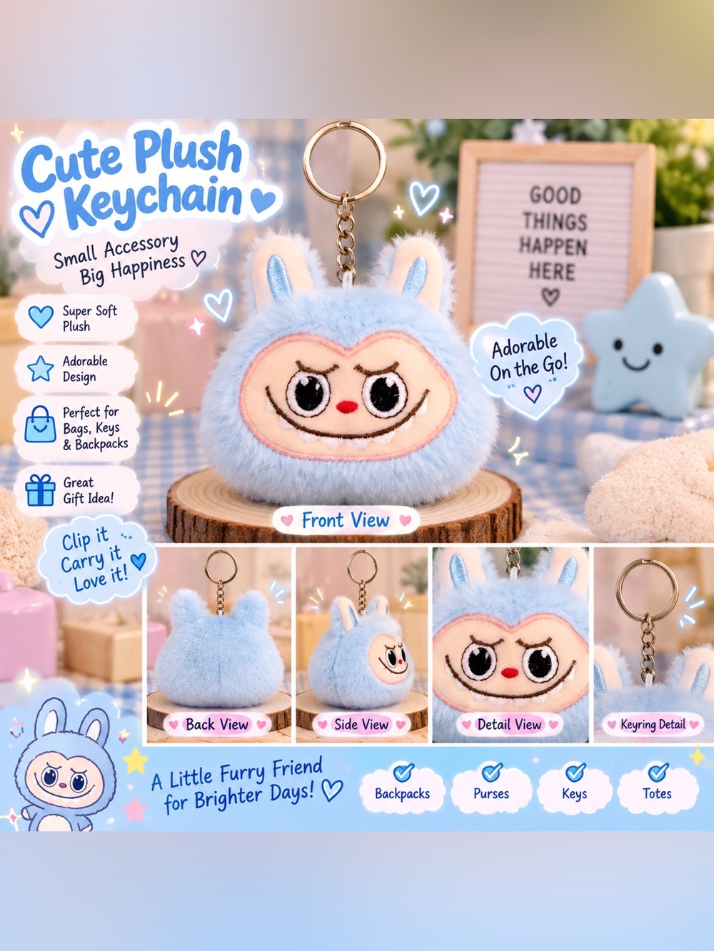 Blue Plush Labubu Inspired Character Keychain Bag Charm NWOT